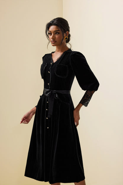 Solid Velvet Lace Long Sleeve Midi Dress