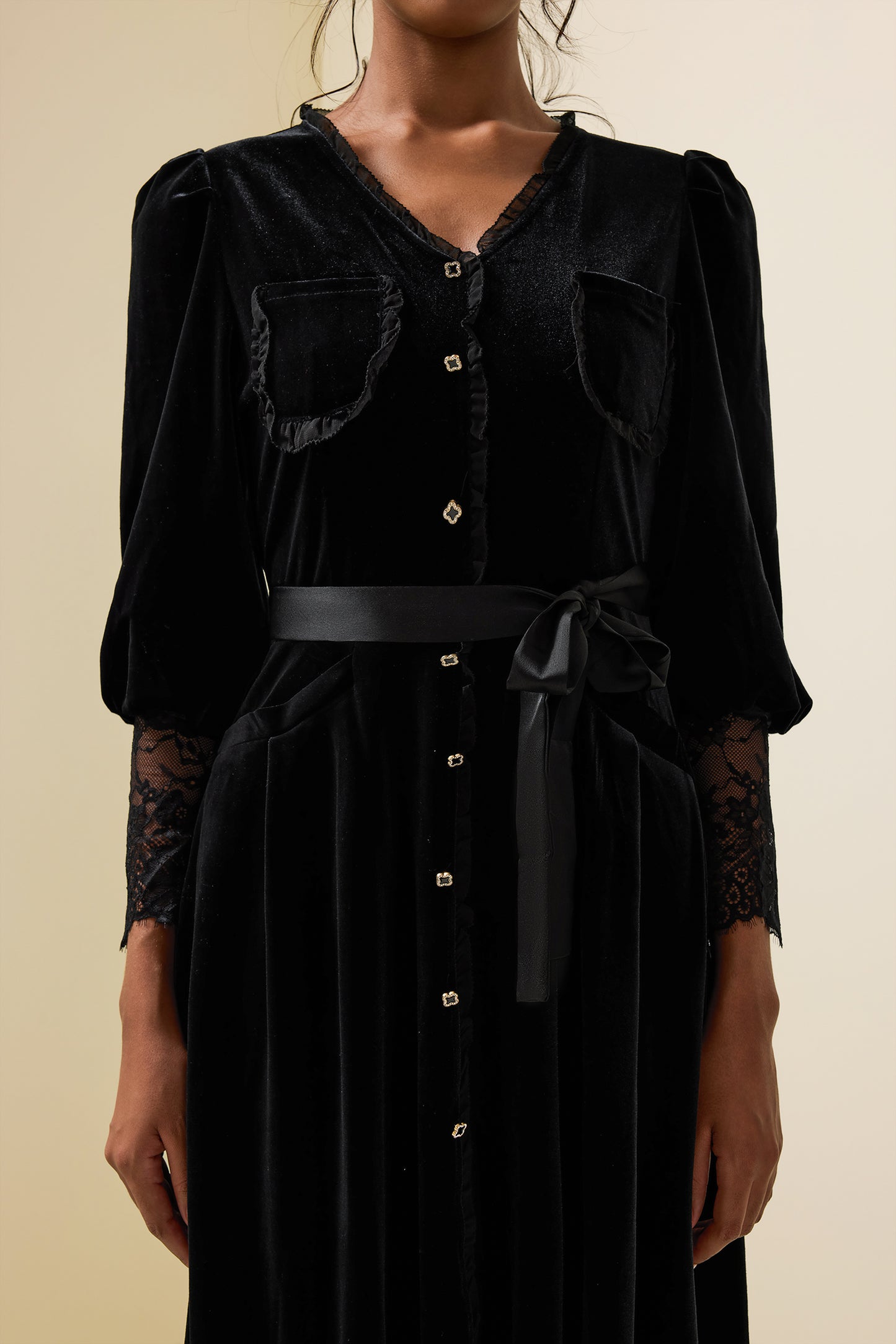 Solid Velvet Lace Long Sleeve Midi Dress
