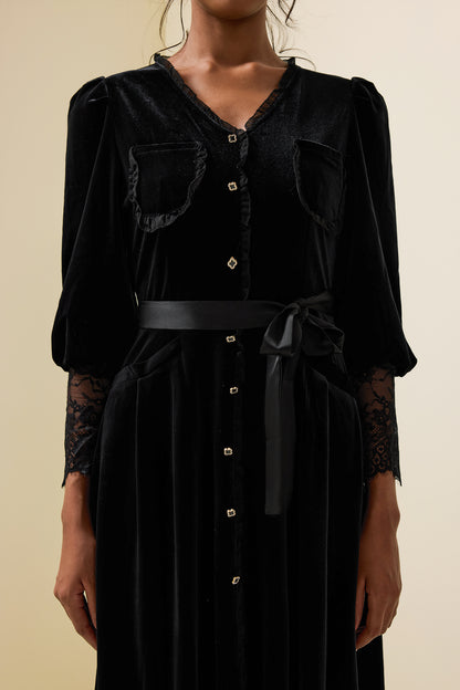 Solid Velvet Lace Long Sleeve Midi Dress