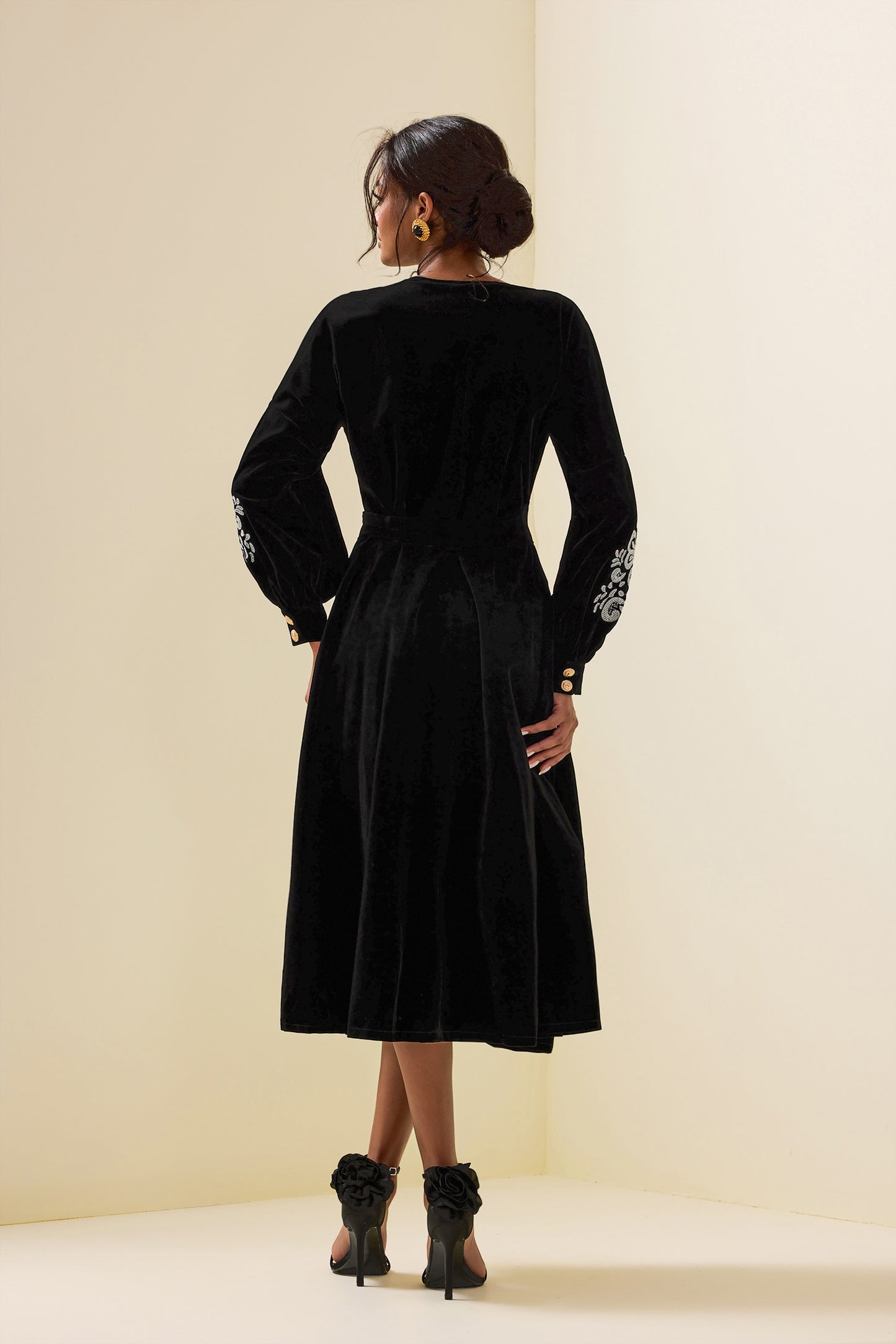 Velvet Embroidered Metal Button Midi Wrap Dress