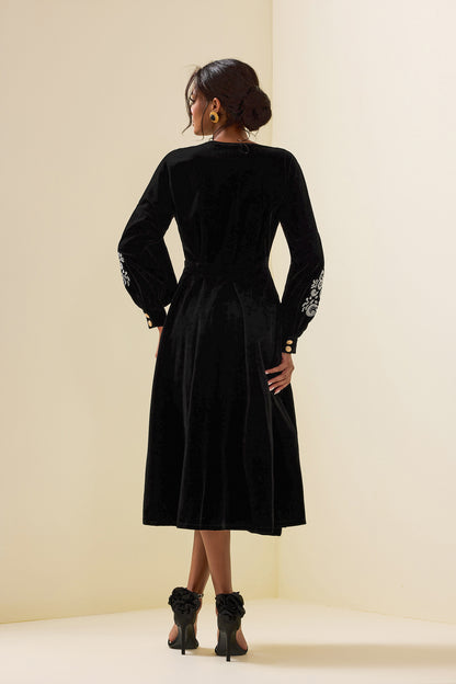 Velvet Embroidered Metal Button Midi Wrap Dress