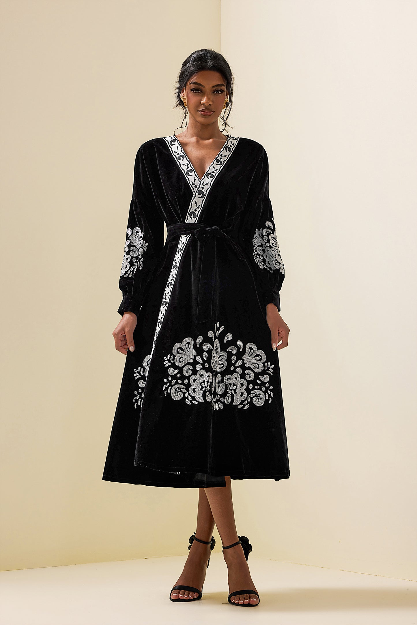 Velvet Embroidered Metal Button Midi Wrap Dress
