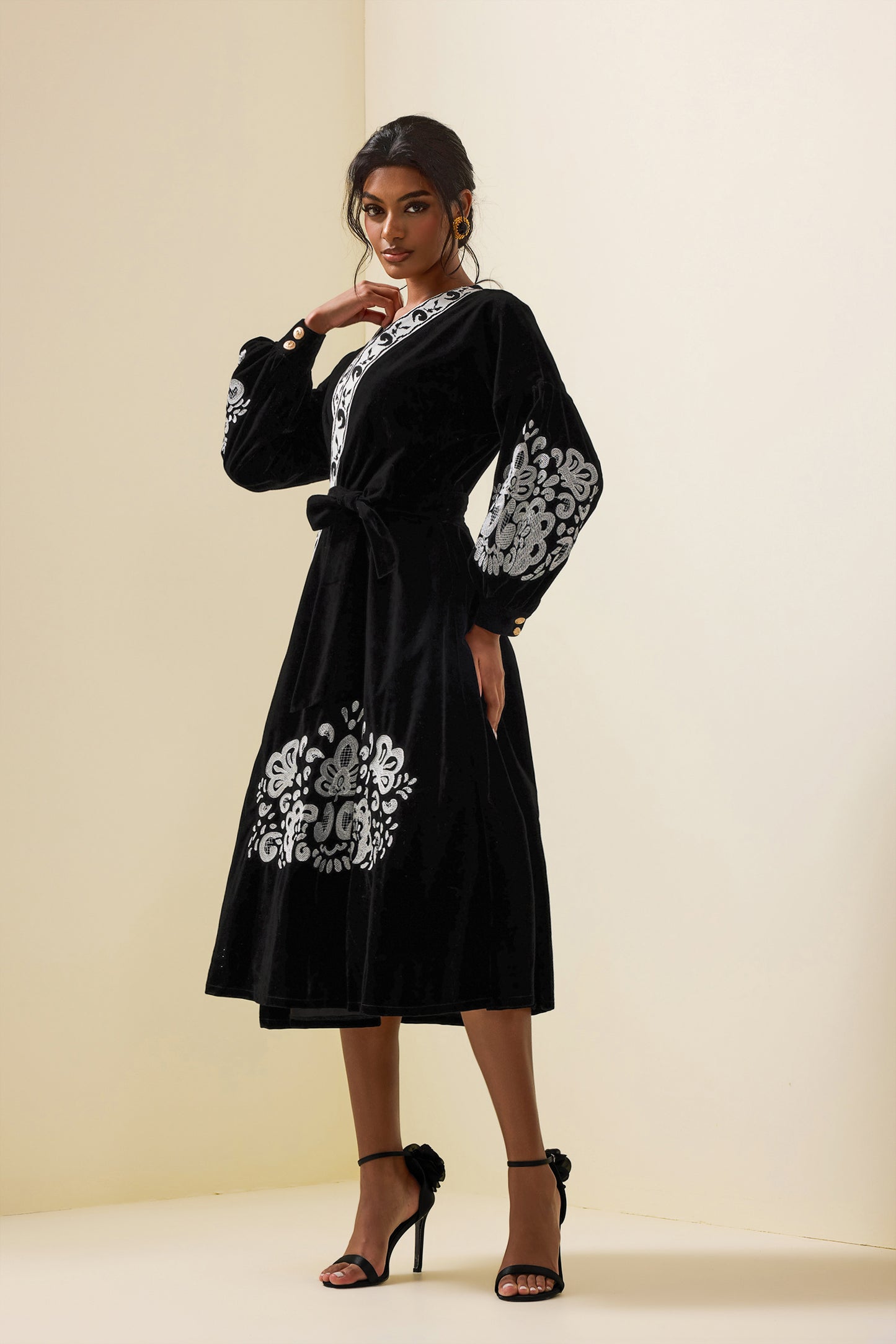 Velvet Embroidered Metal Button Midi Wrap Dress