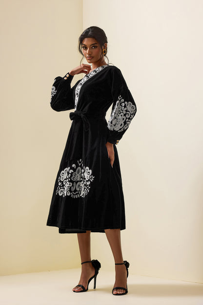 Velvet Embroidered Metal Button Midi Wrap Dress