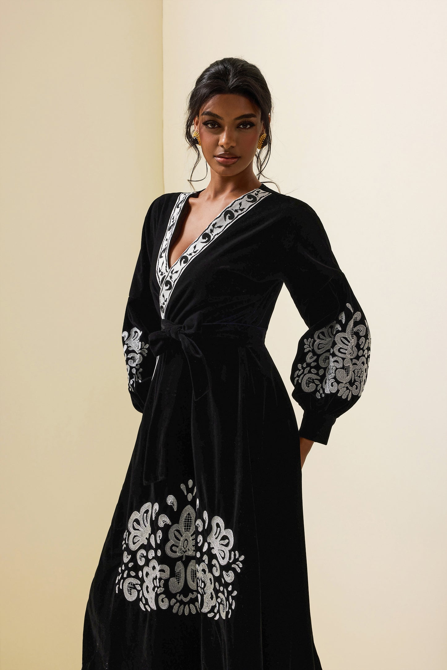 Velvet Embroidered Metal Button Midi Wrap Dress