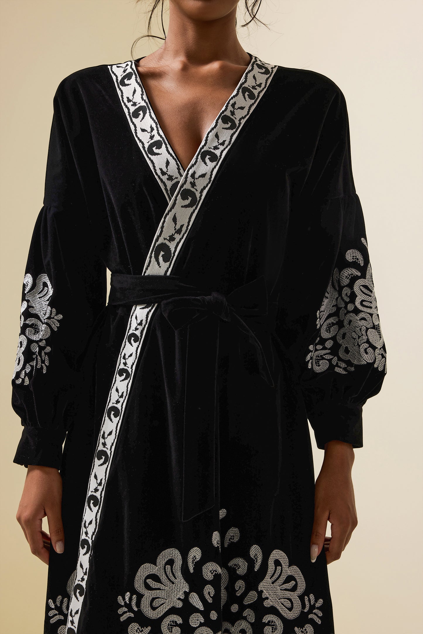 Velvet Embroidered Metal Button Midi Wrap Dress