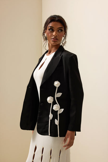 3D Flower Contrast Color Long Sleeve Blazer