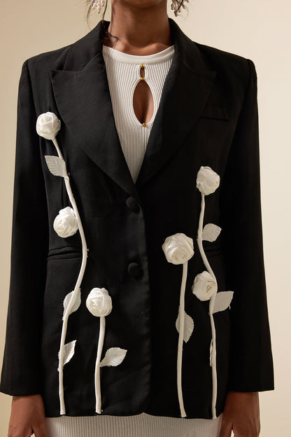 3D Flower Contrast Color Long Sleeve Blazer