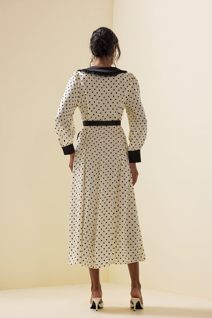 Polka Dot Lace Lantern Sleeve Midi Dress With Belt