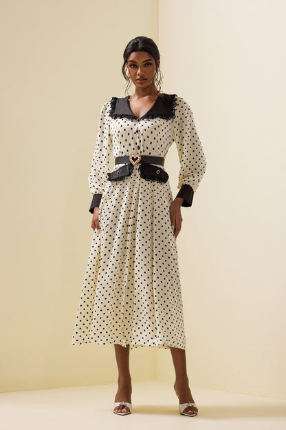 Polka Dot Lace Lantern Sleeve Midi Dress With Belt