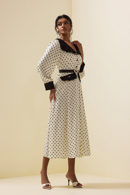 Polka Dot Lace Lantern Sleeve Midi Dress With Belt