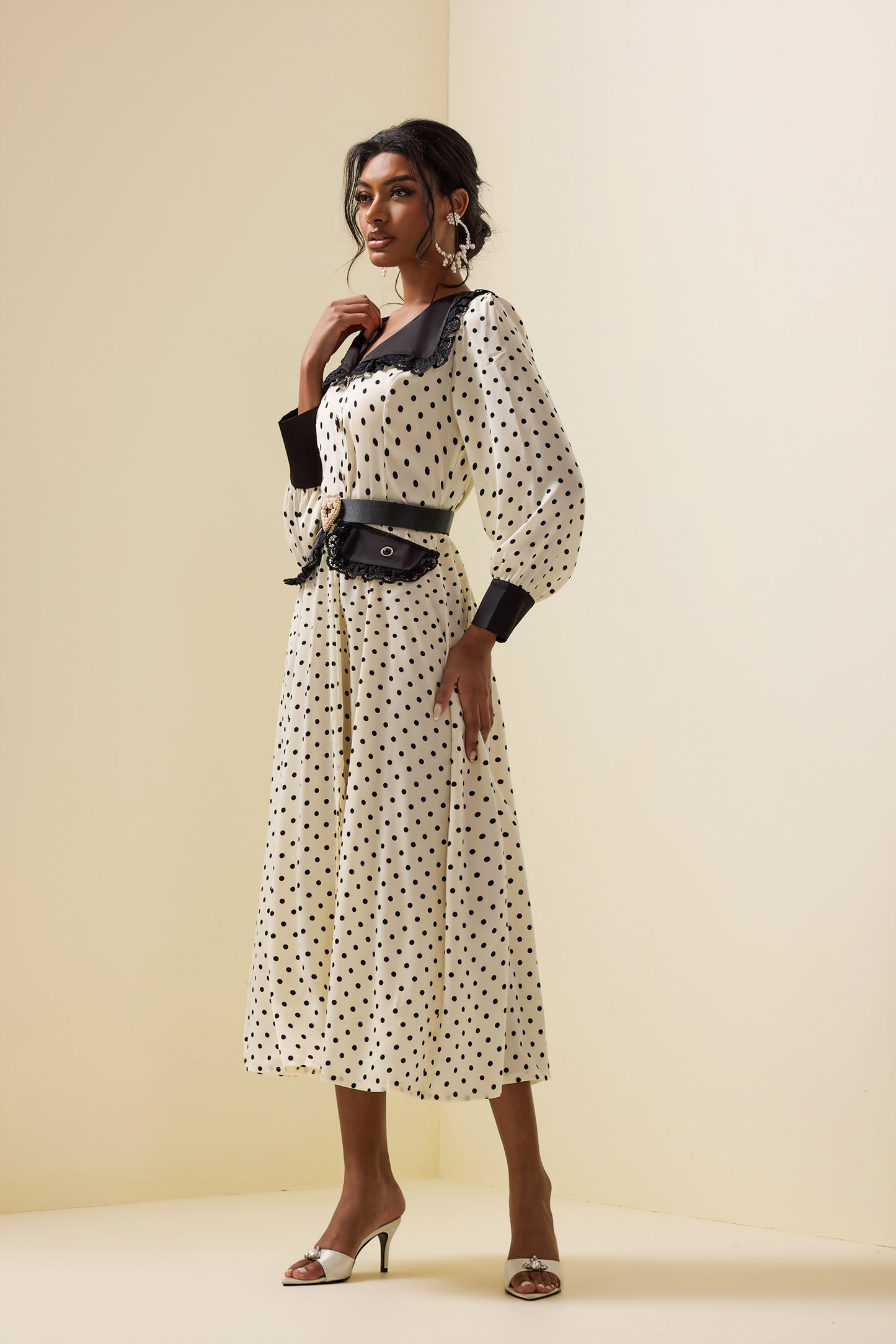 Polka Dot Lace Lantern Sleeve Midi Dress With Belt