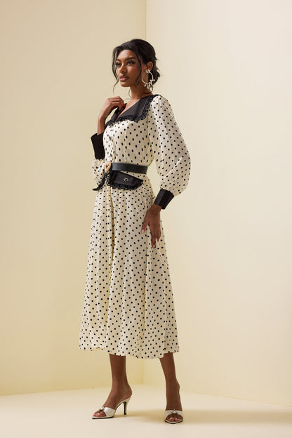 Polka Dot Lace Lantern Sleeve Midi Dress With Belt