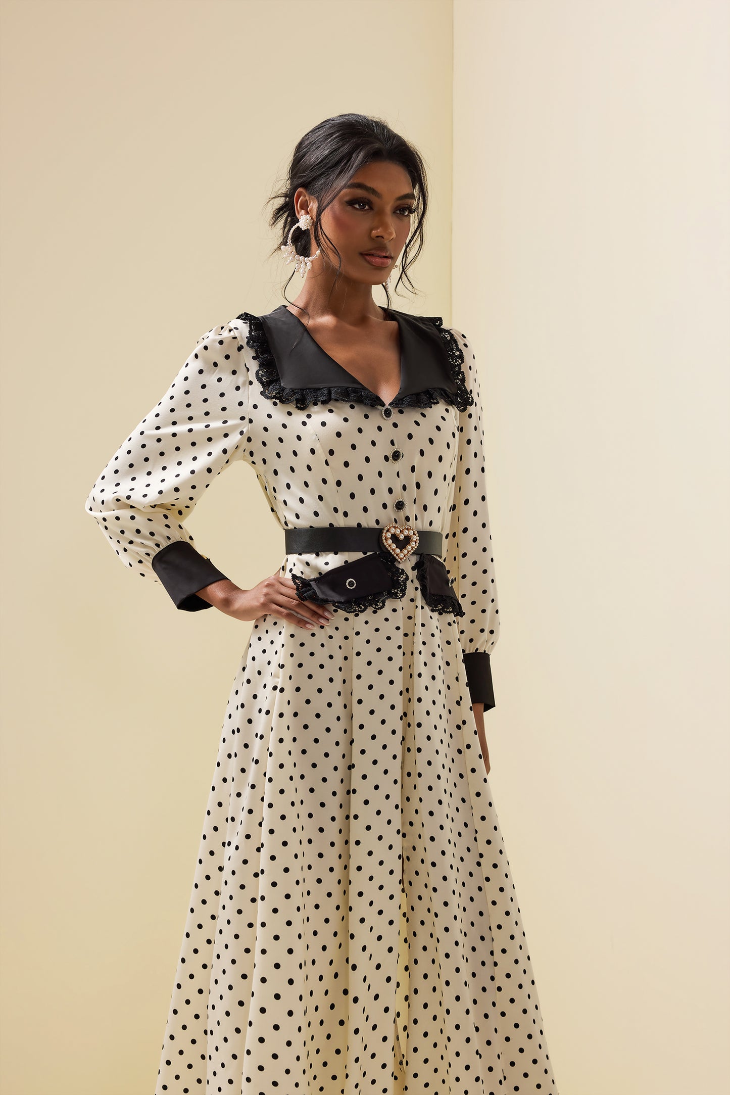 Polka Dot Lace Lantern Sleeve Midi Dress With Belt
