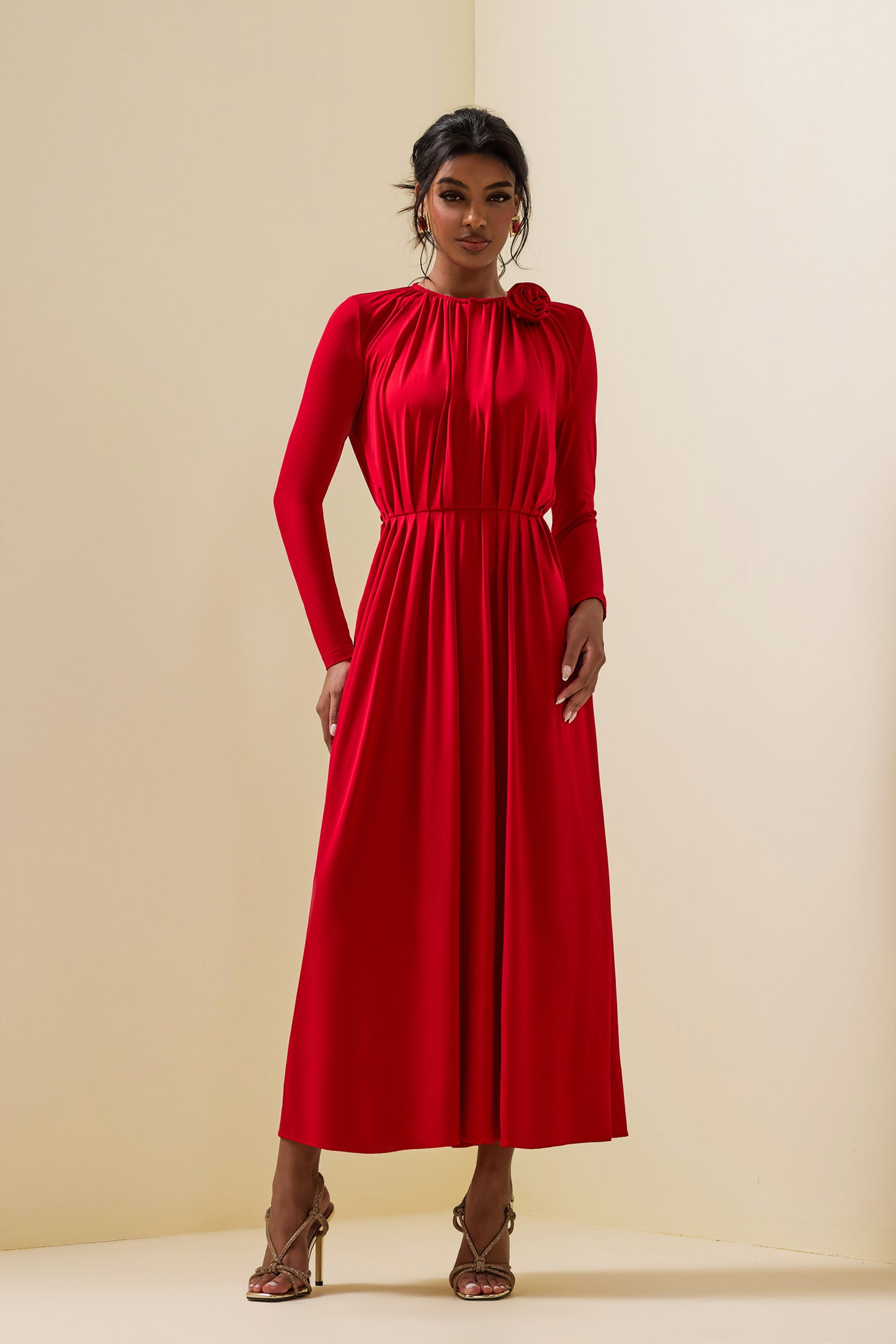 3D Floral Jersey Solid Bottom Midi Dress