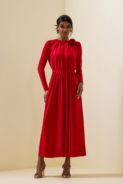 3D Floral Jersey Solid Bottom Midi Dress