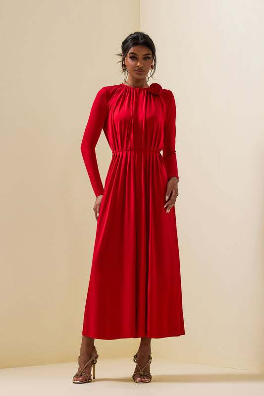 3D Floral Jersey Solid Bottom Midi Dress