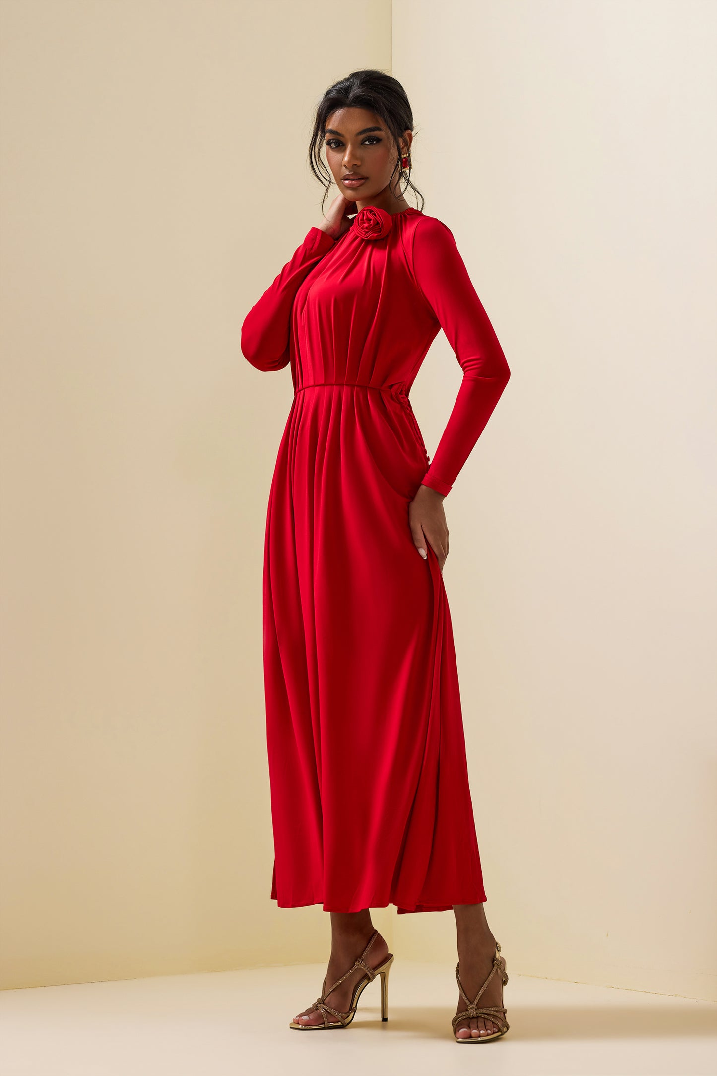 3D Floral Jersey Solid Bottom Midi Dress