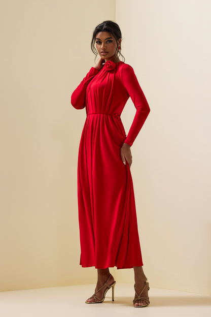 3D Floral Jersey Solid Bottom Midi Dress