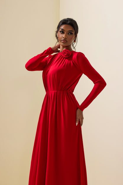 3D Floral Jersey Solid Bottom Midi Dress