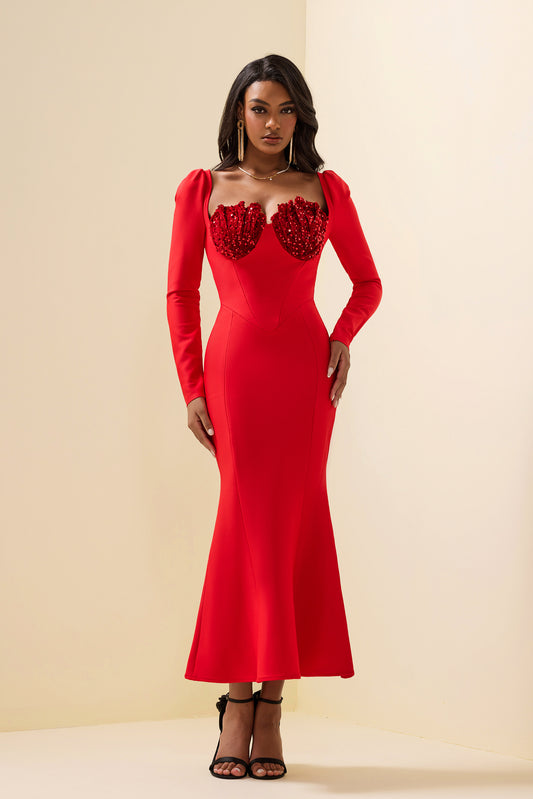 Knit Sequin Velvet Long Sleeve Midi Dress