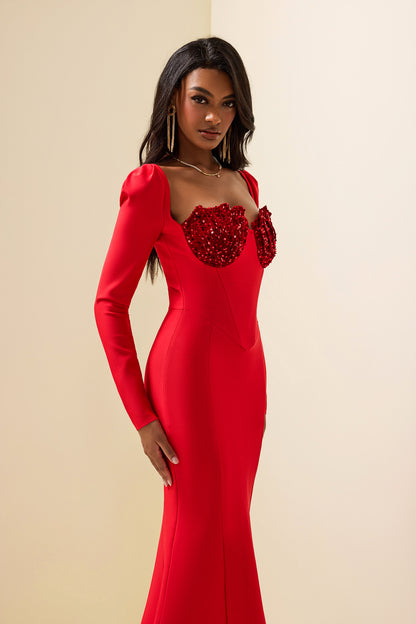 Knit Sequin Velvet Long Sleeve Midi Dress