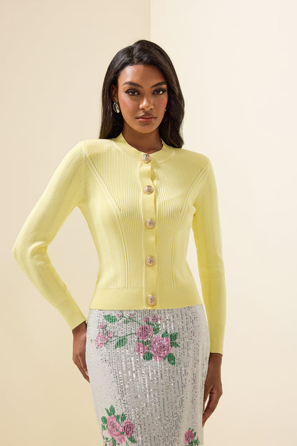 Knit Round Neck Metal Button Top