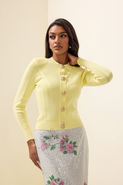 Knit Round Neck Metal Button Top
