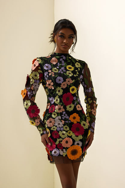 Floral Embroidered Long Sleeve Mini Dress