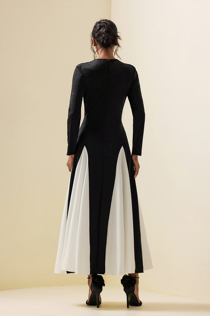 Contrast Color Long Sleeve Midi Dress