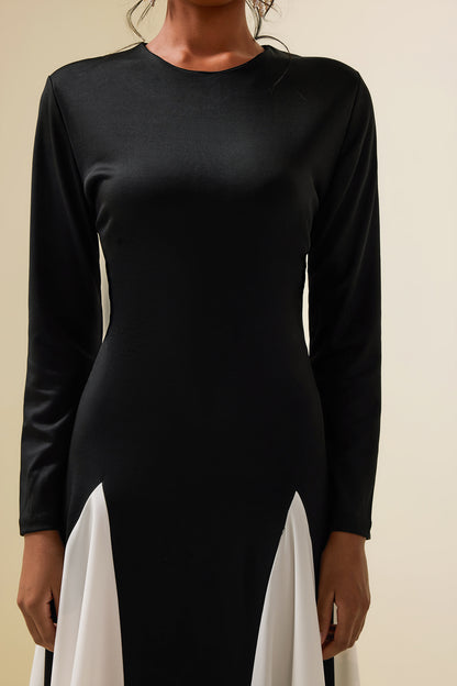Contrast Color Long Sleeve Midi Dress