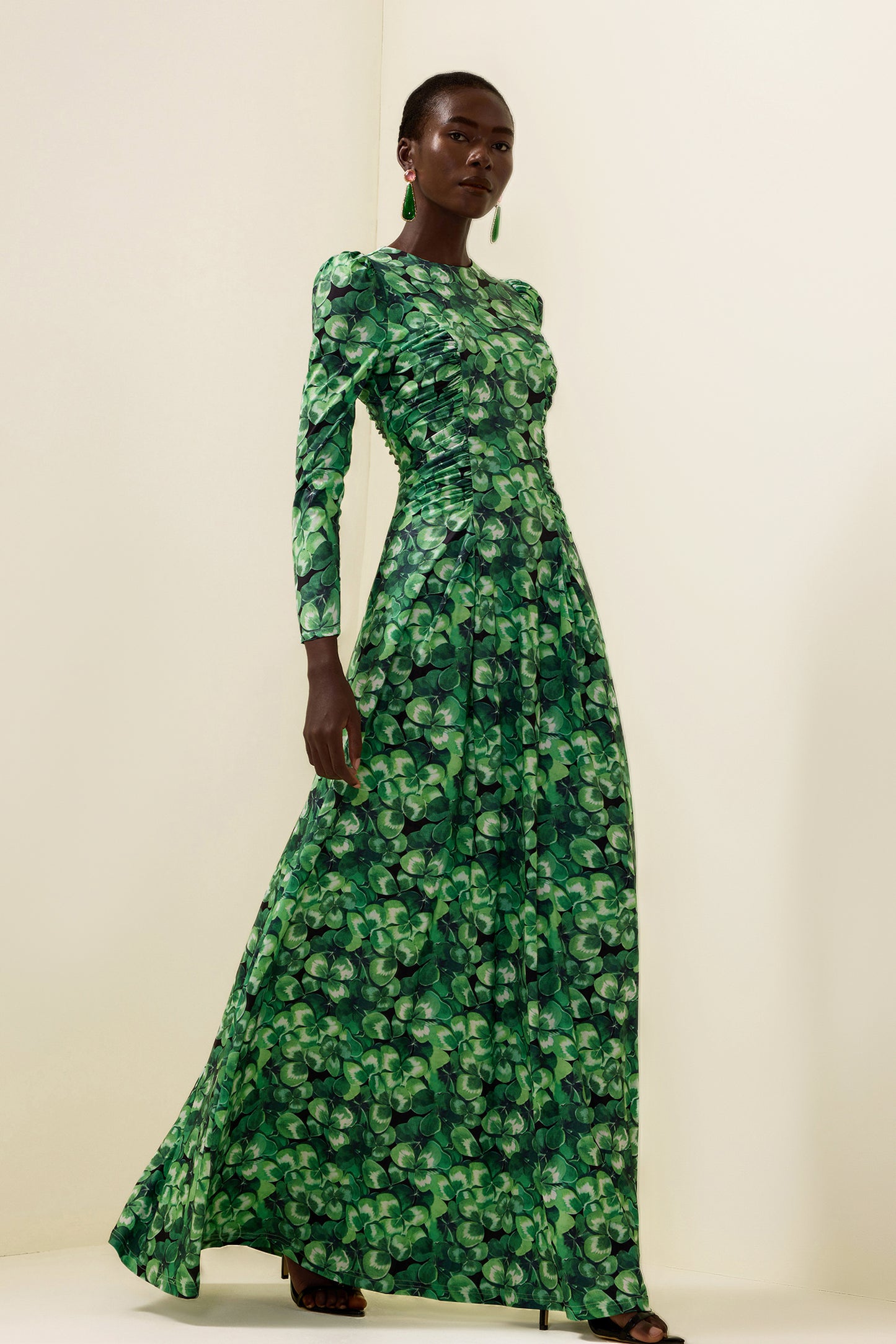 Botanical Print Long Sleeve Round Neck Maxi Dress