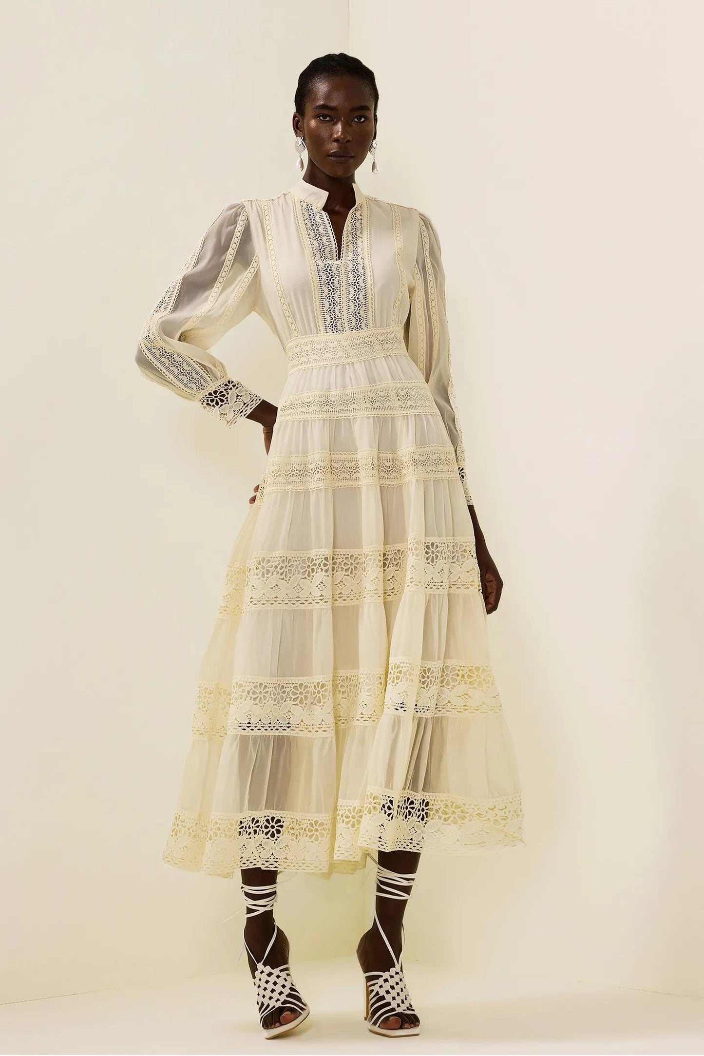 Lace Embroidered Lantern Sleeve Midi Dress