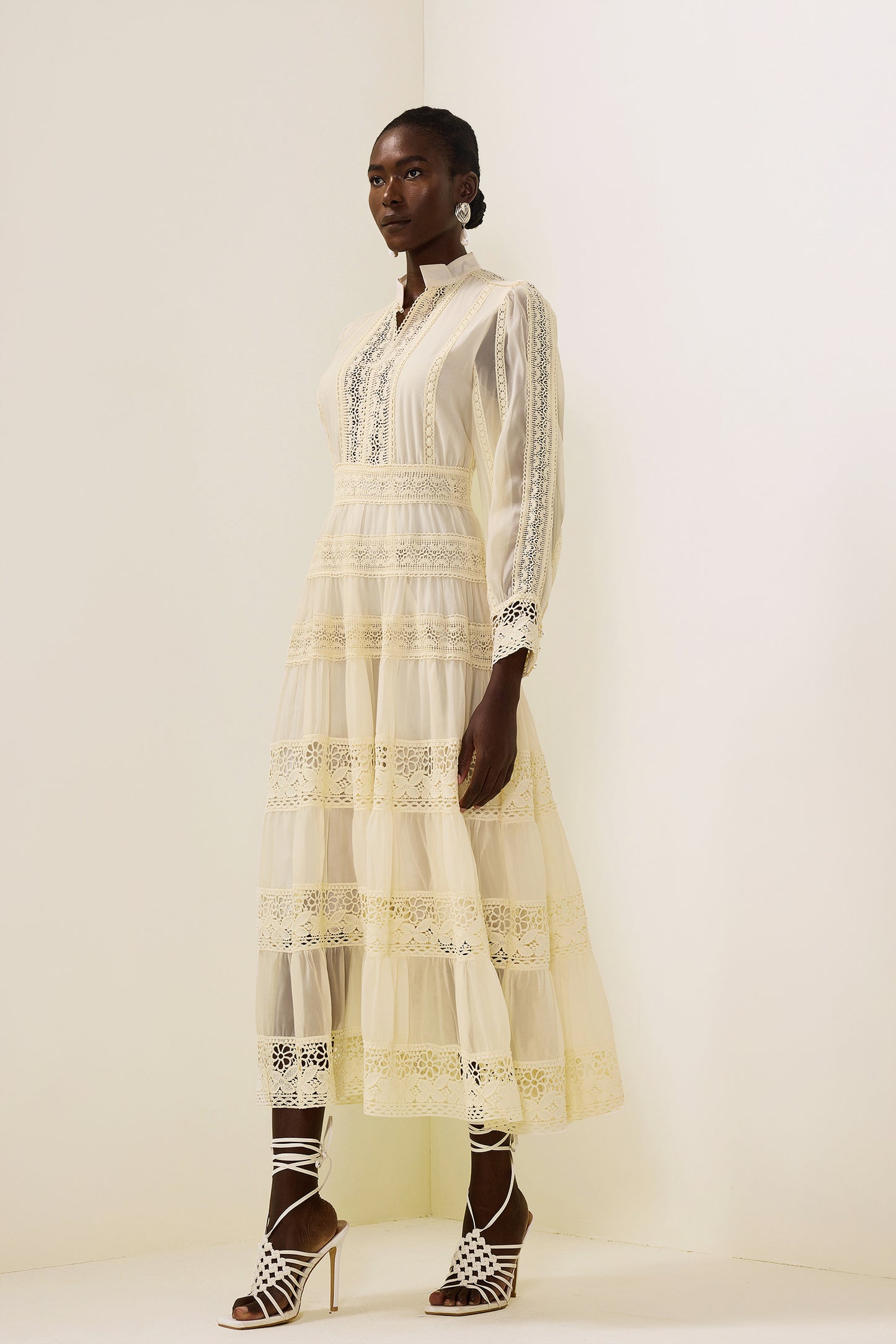 Lace Embroidered Lantern Sleeve Midi Dress