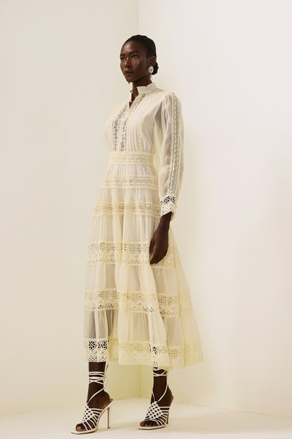 Lace Embroidered Lantern Sleeve Midi Dress