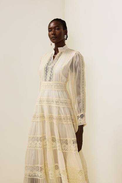 Lace Embroidered Lantern Sleeve Midi Dress