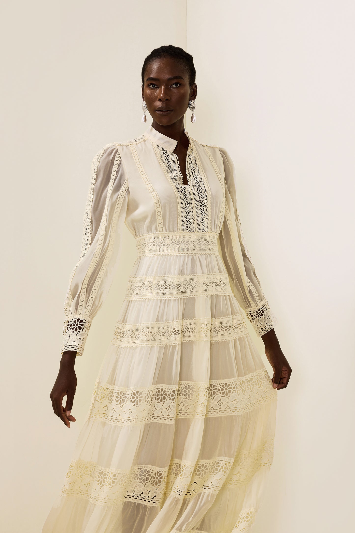 Lace Embroidered Lantern Sleeve Midi Dress