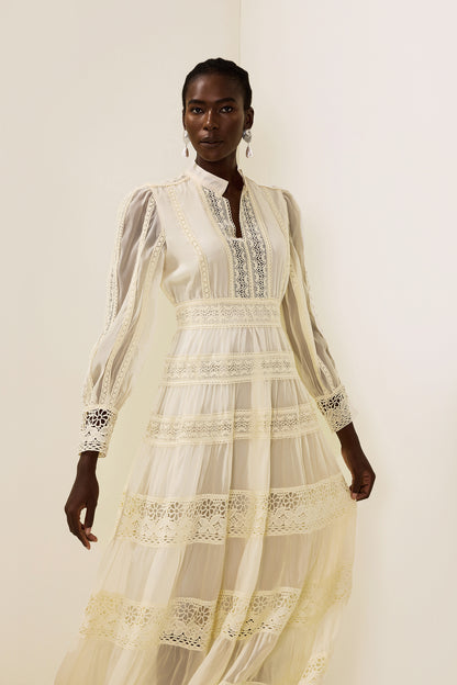 Lace Embroidered Lantern Sleeve Midi Dress