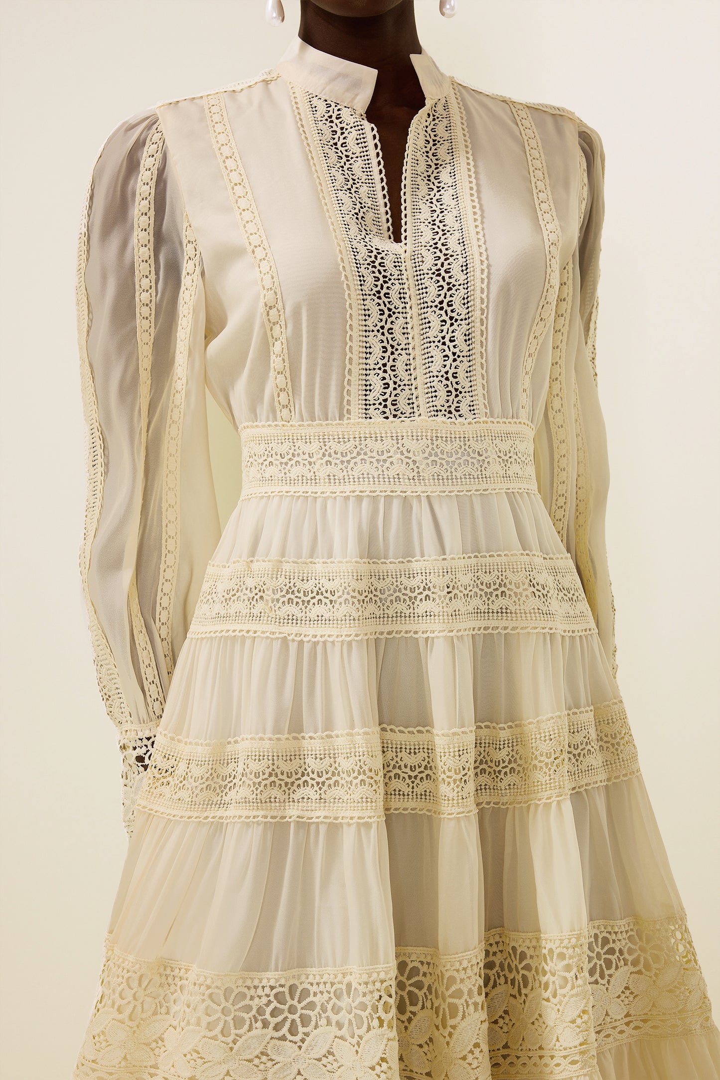 Lace Embroidered Lantern Sleeve Midi Dress