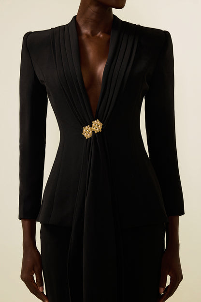 Solid Ruched Bottom Blazer ＆ Mid Waist Solid Pants Set