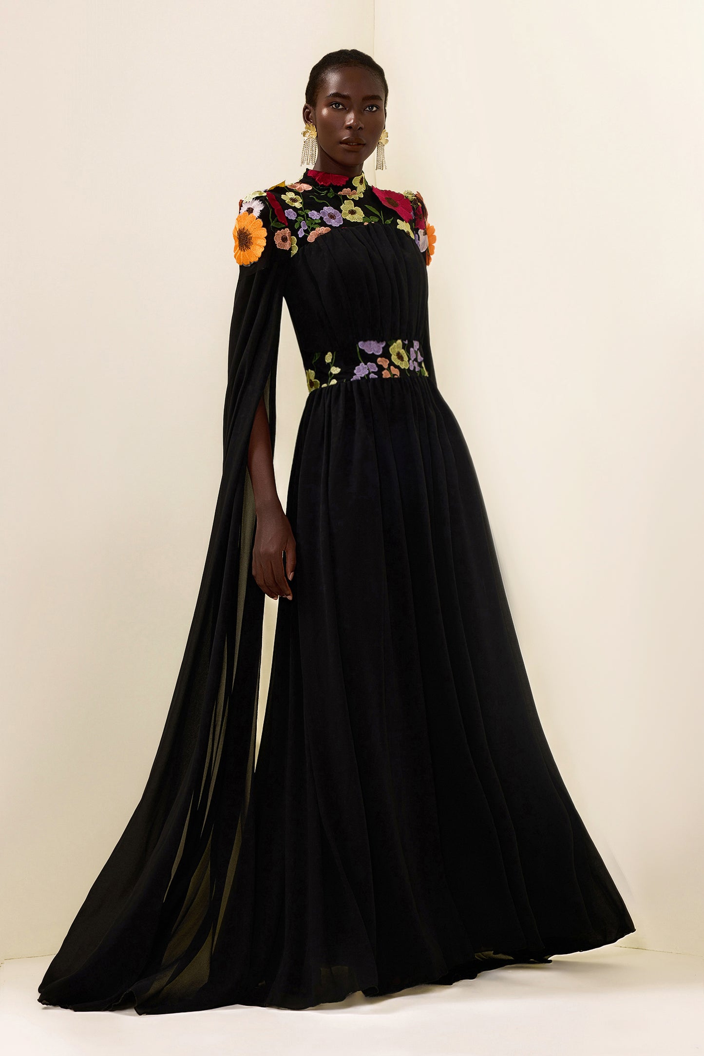 Embroidered Floral Cape Sleeve Maxi Dress