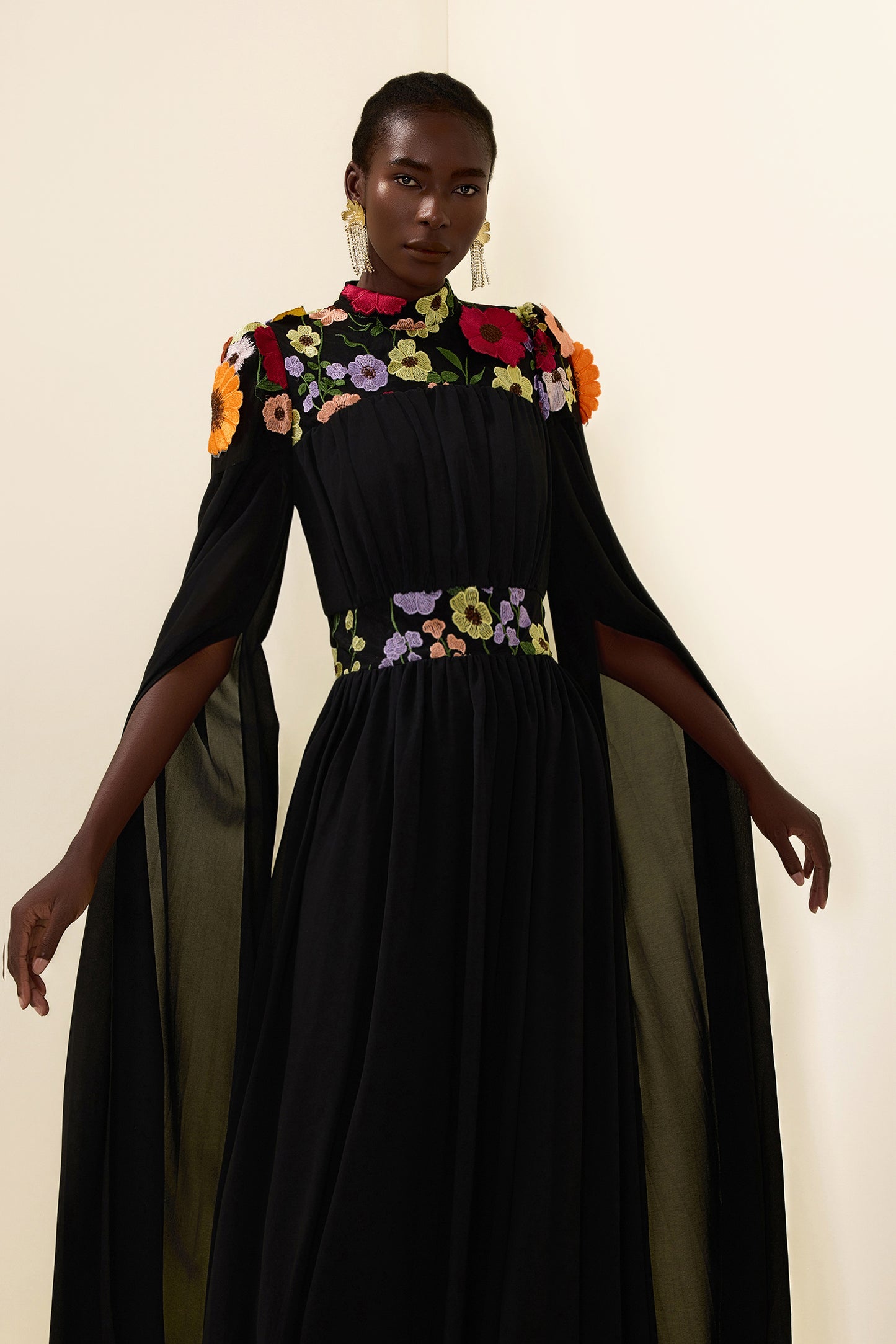 Embroidered Floral Cape Sleeve Maxi Dress