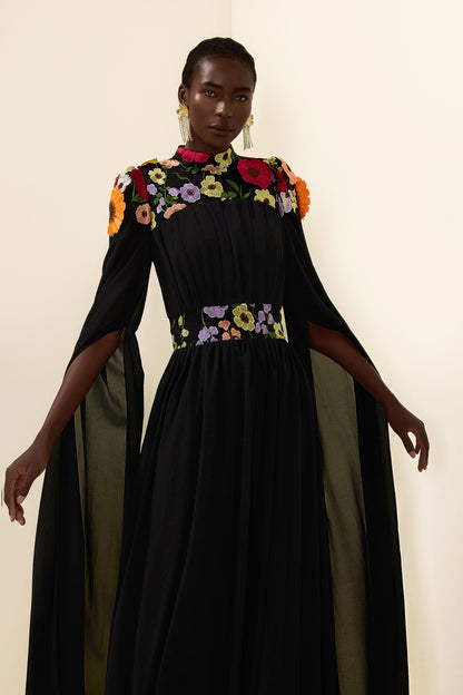 Embroidered Floral Cape Sleeve Maxi Dress