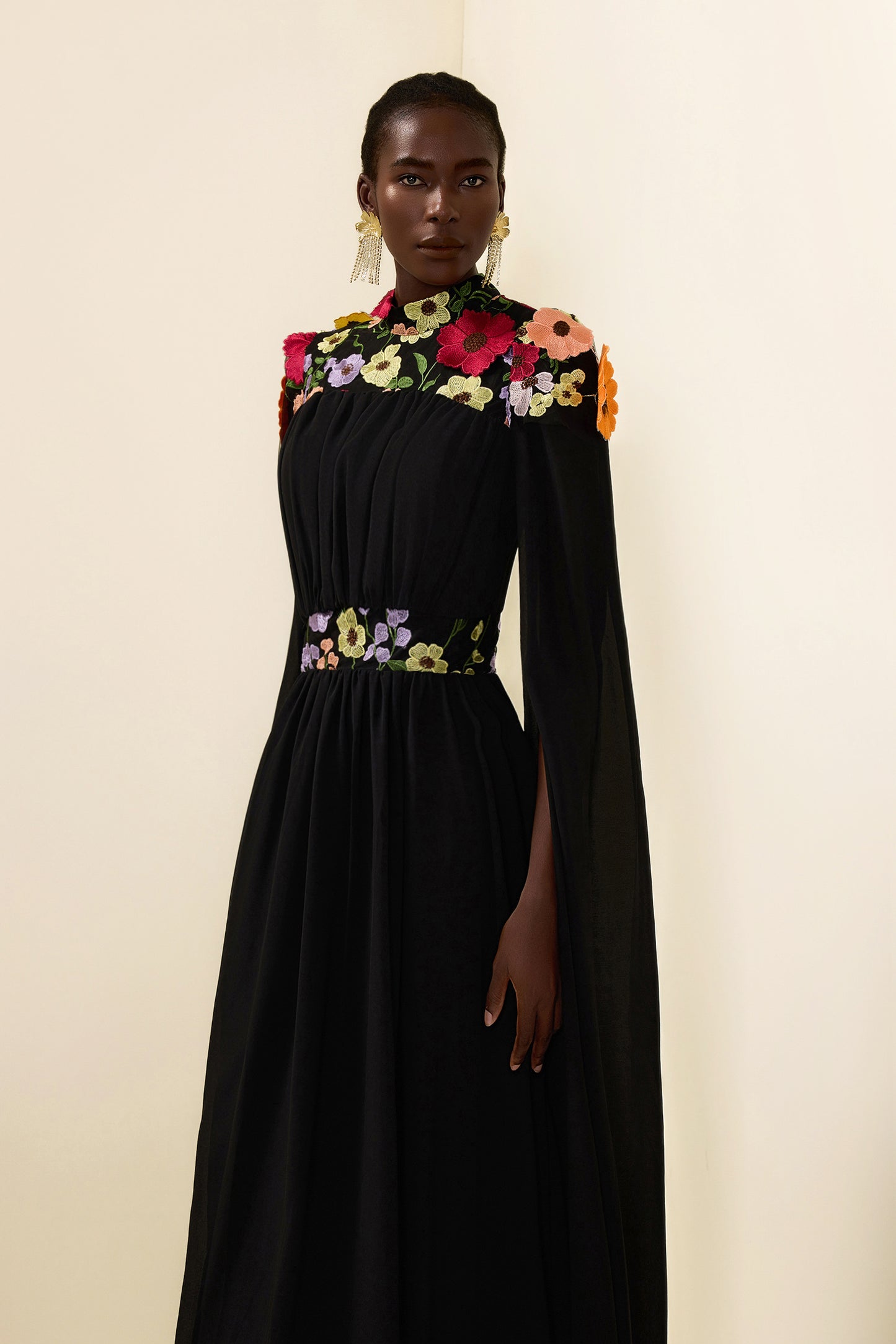 Embroidered Floral Cape Sleeve Maxi Dress