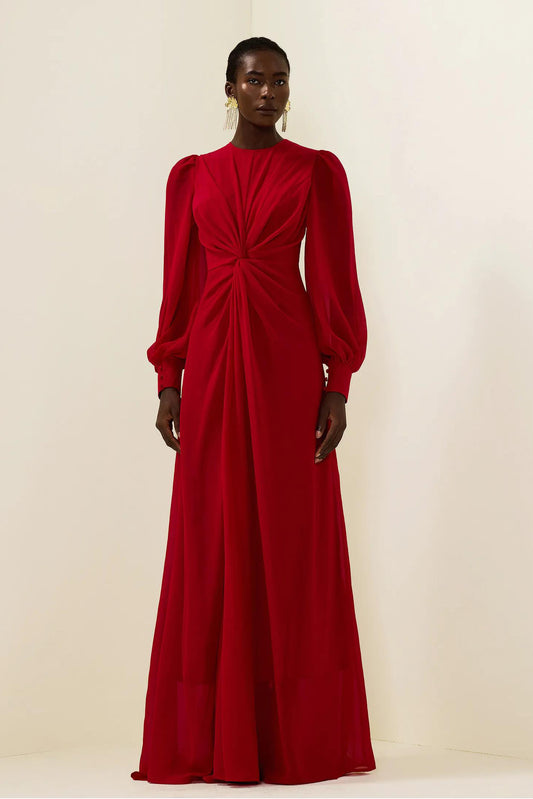 Solid Knotted Lantern Sleeve Maxi Dress