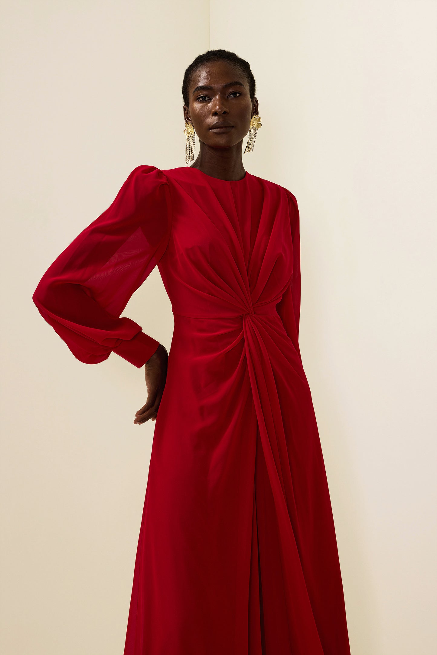 Solid Knotted Lantern Sleeve Maxi Dress