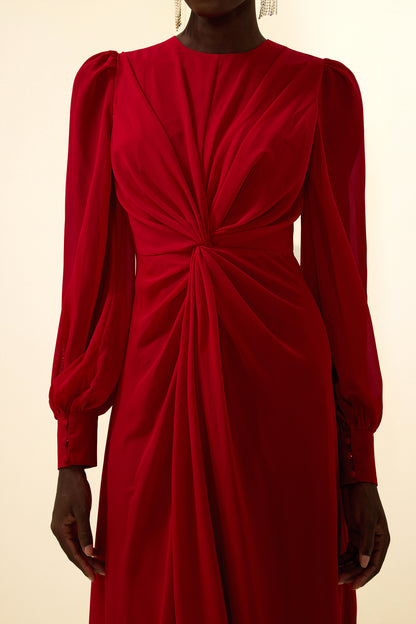 Solid Knotted Lantern Sleeve Maxi Dress