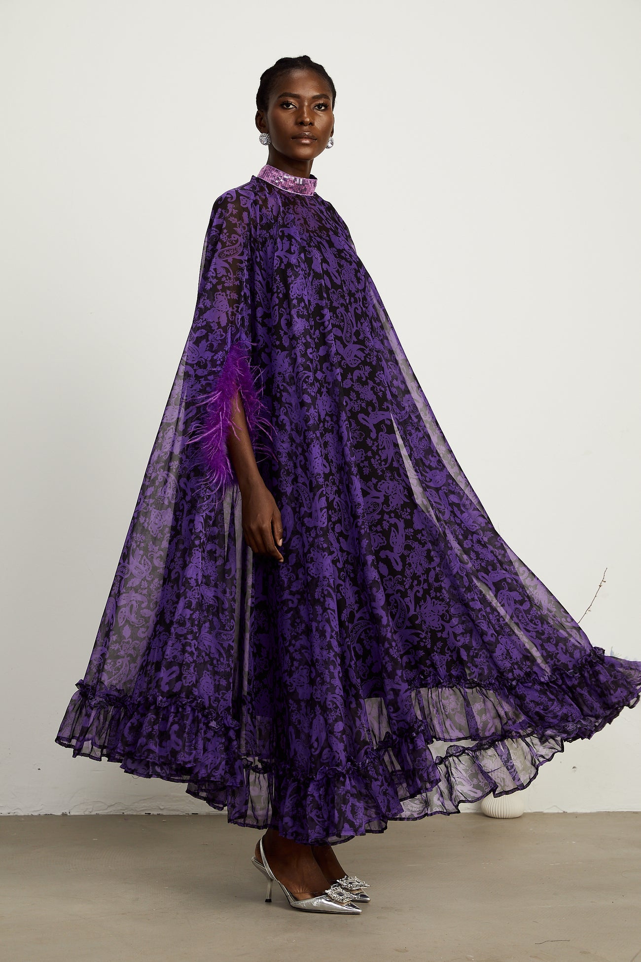 Dana Sequins Feather Printed Maxi Dress