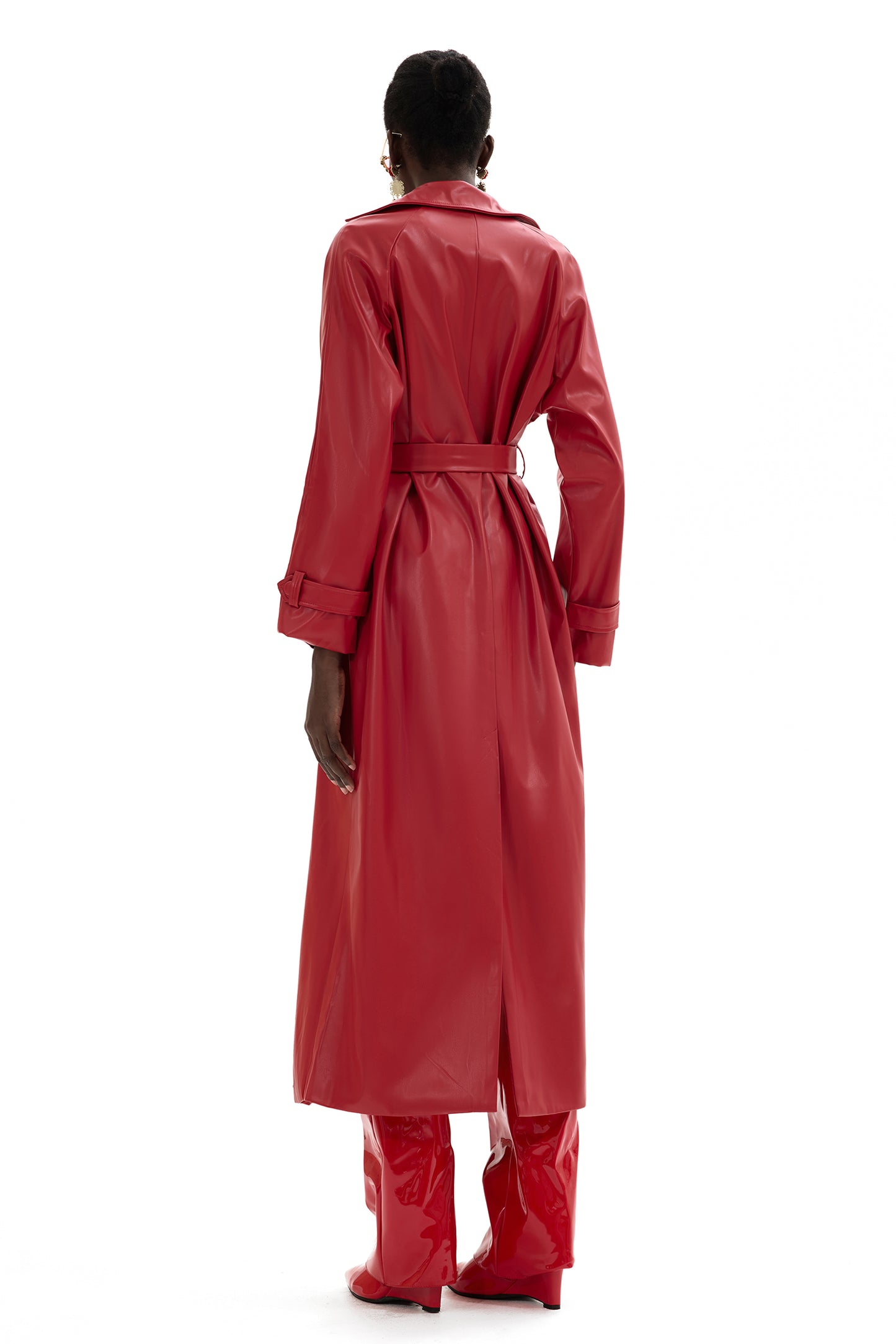 Pu Leather Solid Double Breasted Midi Coat