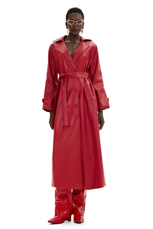 Pu Leather Solid Double Breasted Midi Coat